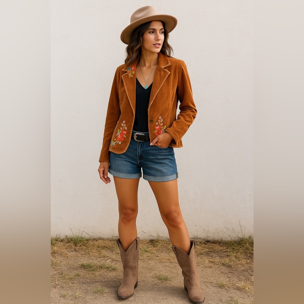 Embroidered Tan Blazer for Women